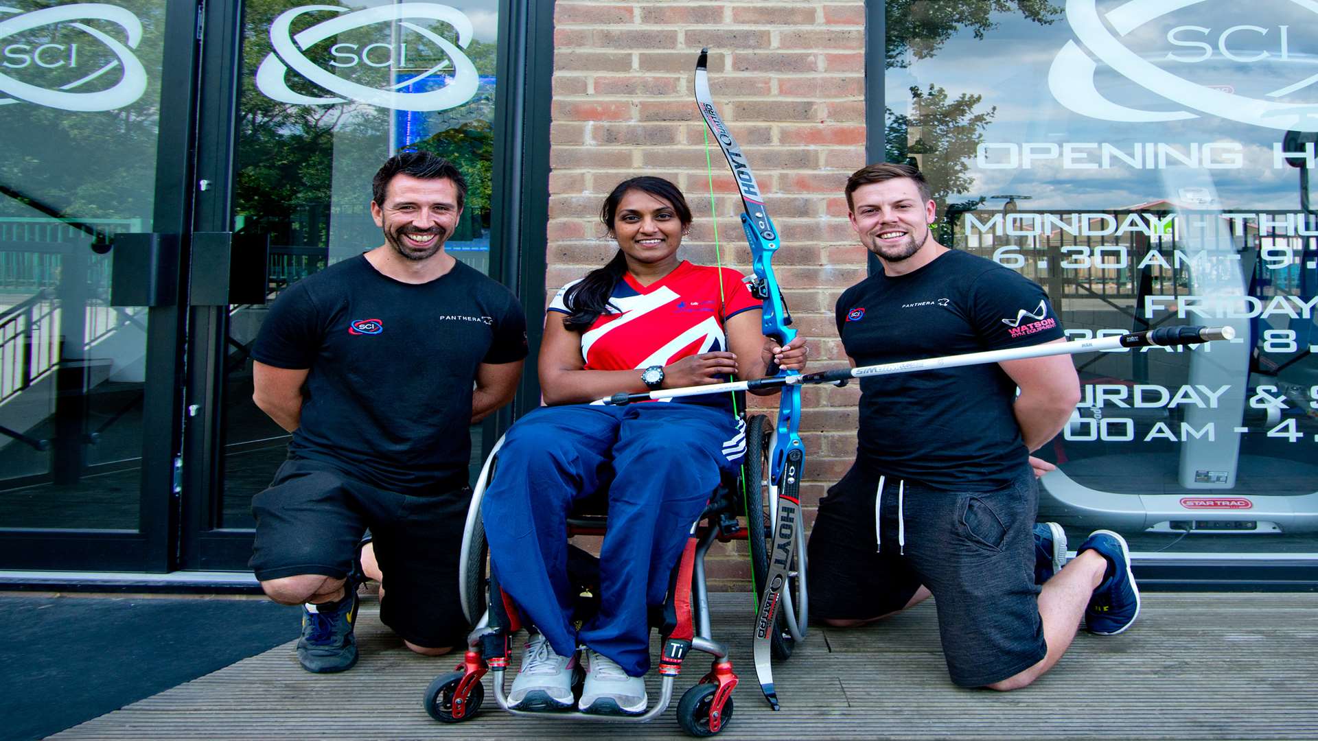 Paralympian Tania Nadarajah with Martin Shyvers, left, and Alex Shoebridge from SCI