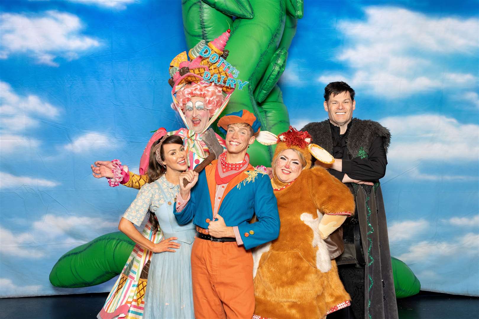 This year's cast of Jack and The Beanstalk at The Woodville in Gravesend – From left: Georgia Rowland-Elliott, Rob Cummings, Byron Witchell, Leanne Jones and Mark Labbett