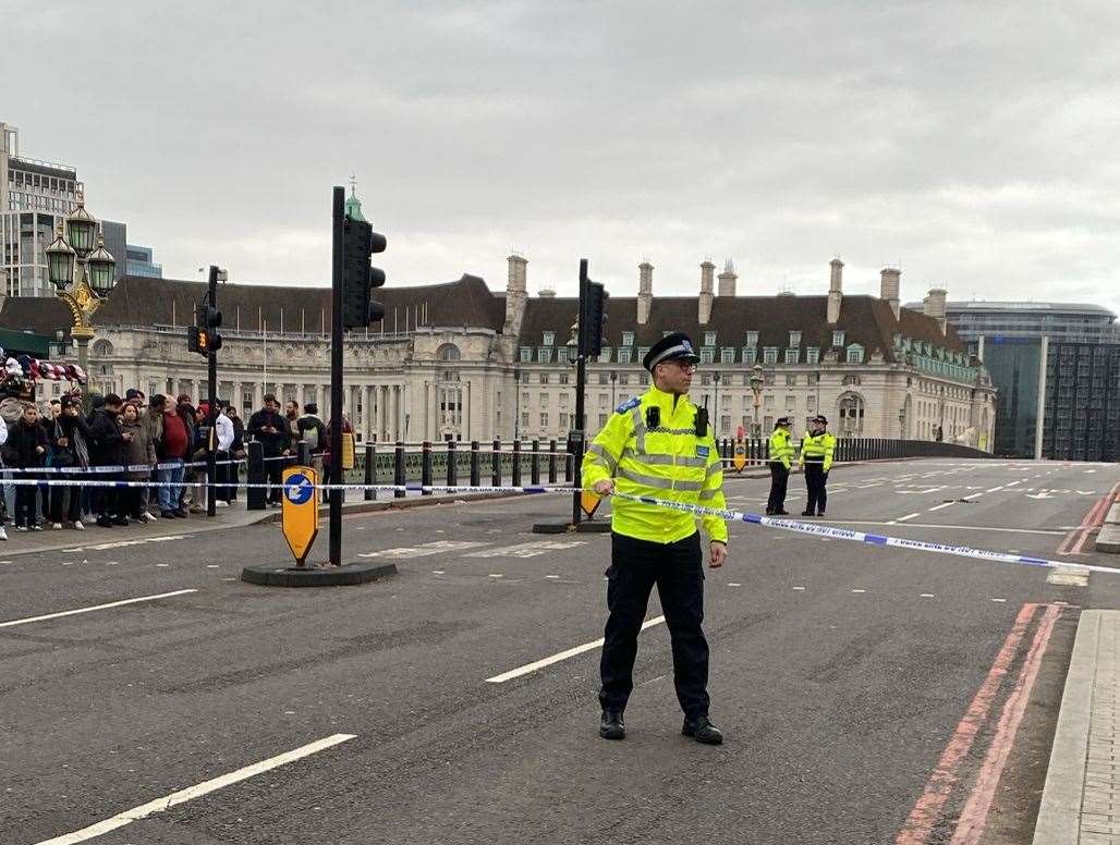 The scene on Westminster Bridge following an incident which has left a man fighting for his life in hospital (Zhanna Manukyan/PA)