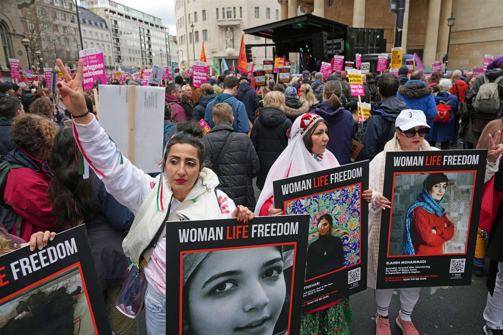 Protesters gather at Portland Place in London (Jeff Moore/PA)