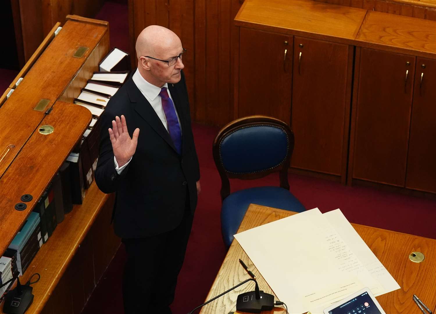 John Swinney took the oath as he was sworn in as First Minister of Scotland and Keeper of the Scottish Seal, at the Court of Session in Edinburgh (Andrew Milligan/PA)