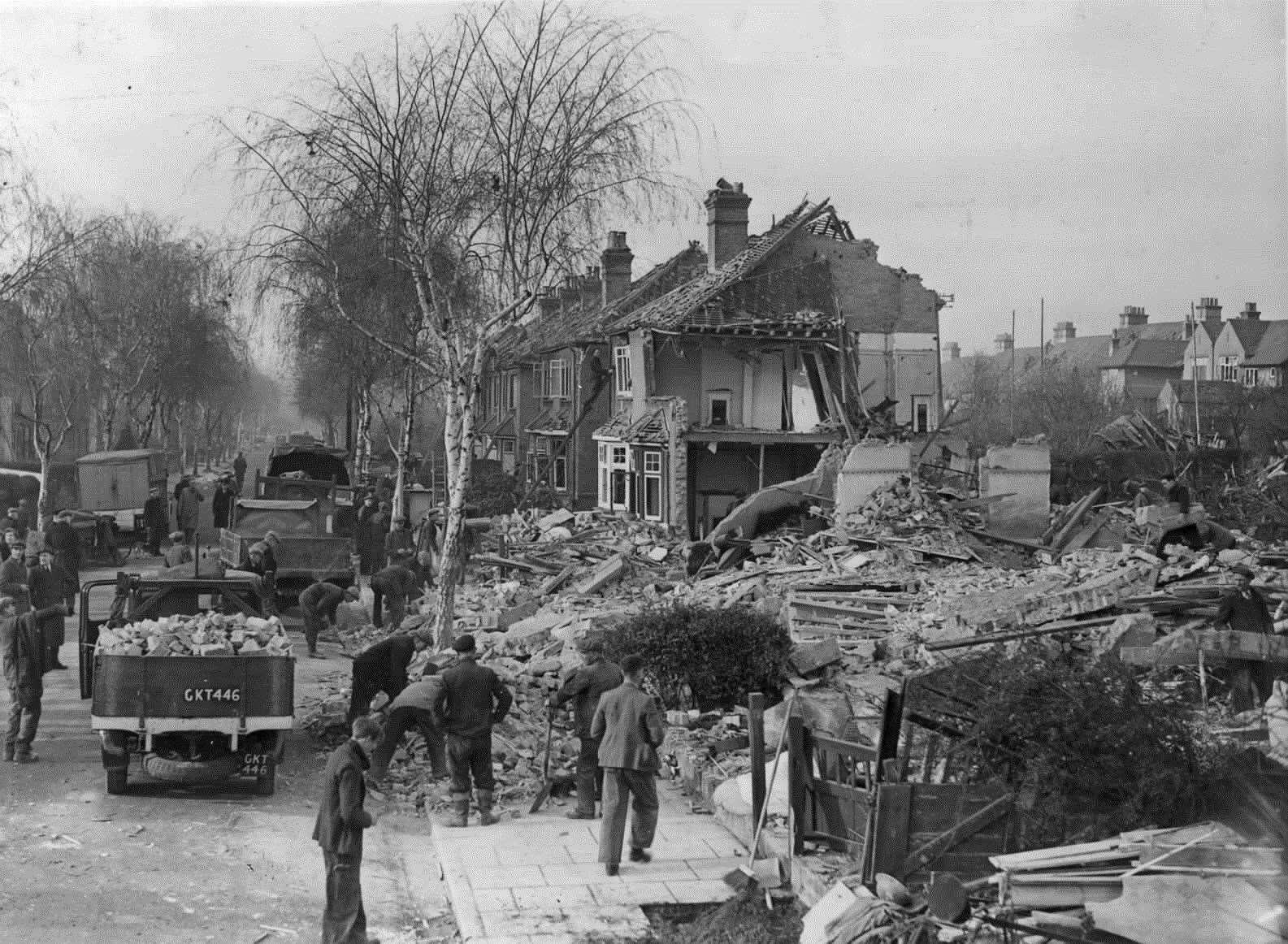 Several houses were demolished and a number of people killed when a rocket shell fell in Portland Avenue, Gravesend on 18th November, 1944. Copyright KMG (21437071)