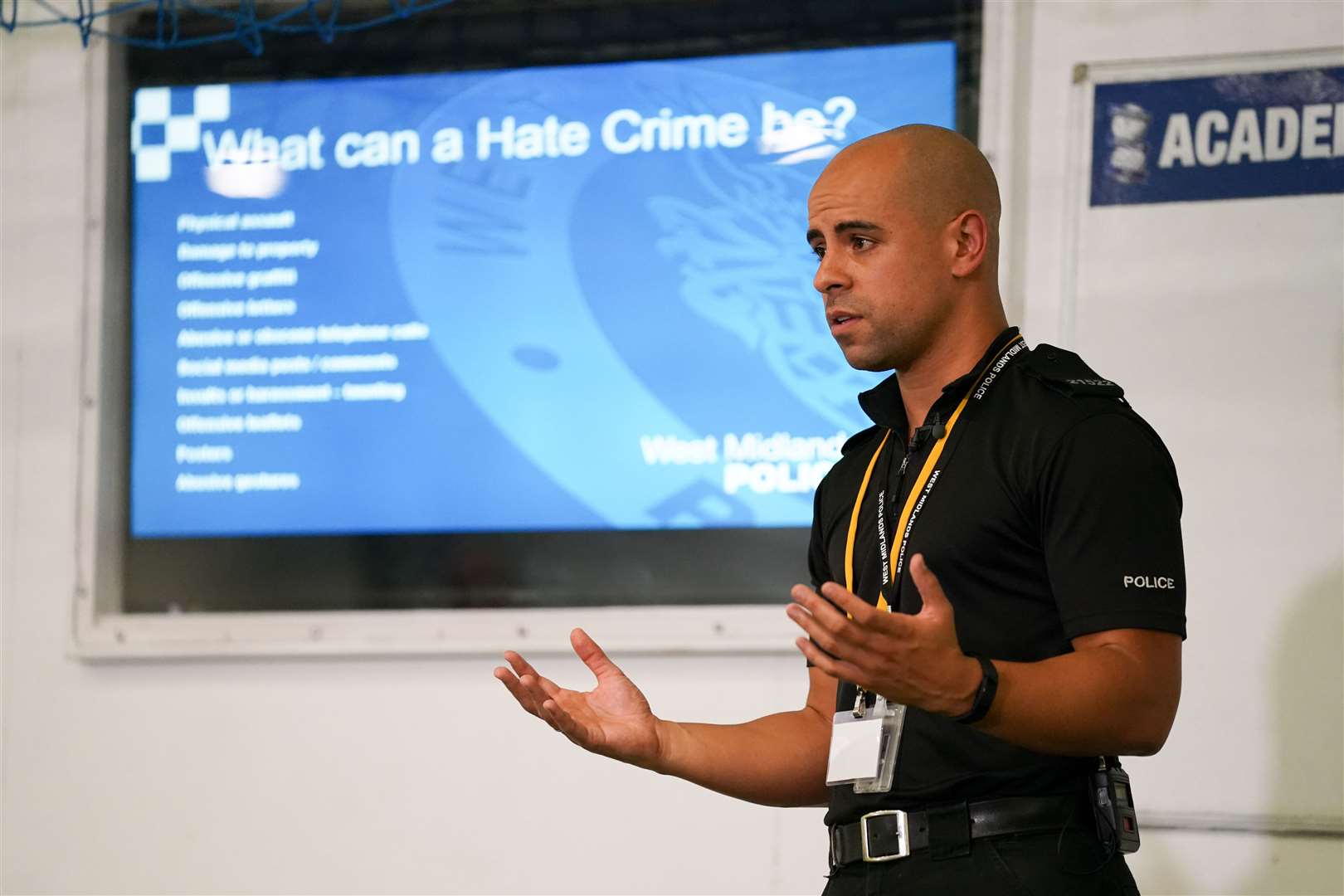 Pc Stuart Ward delivers a talk to the Birmingham U23s squad (Jacob King/PA)