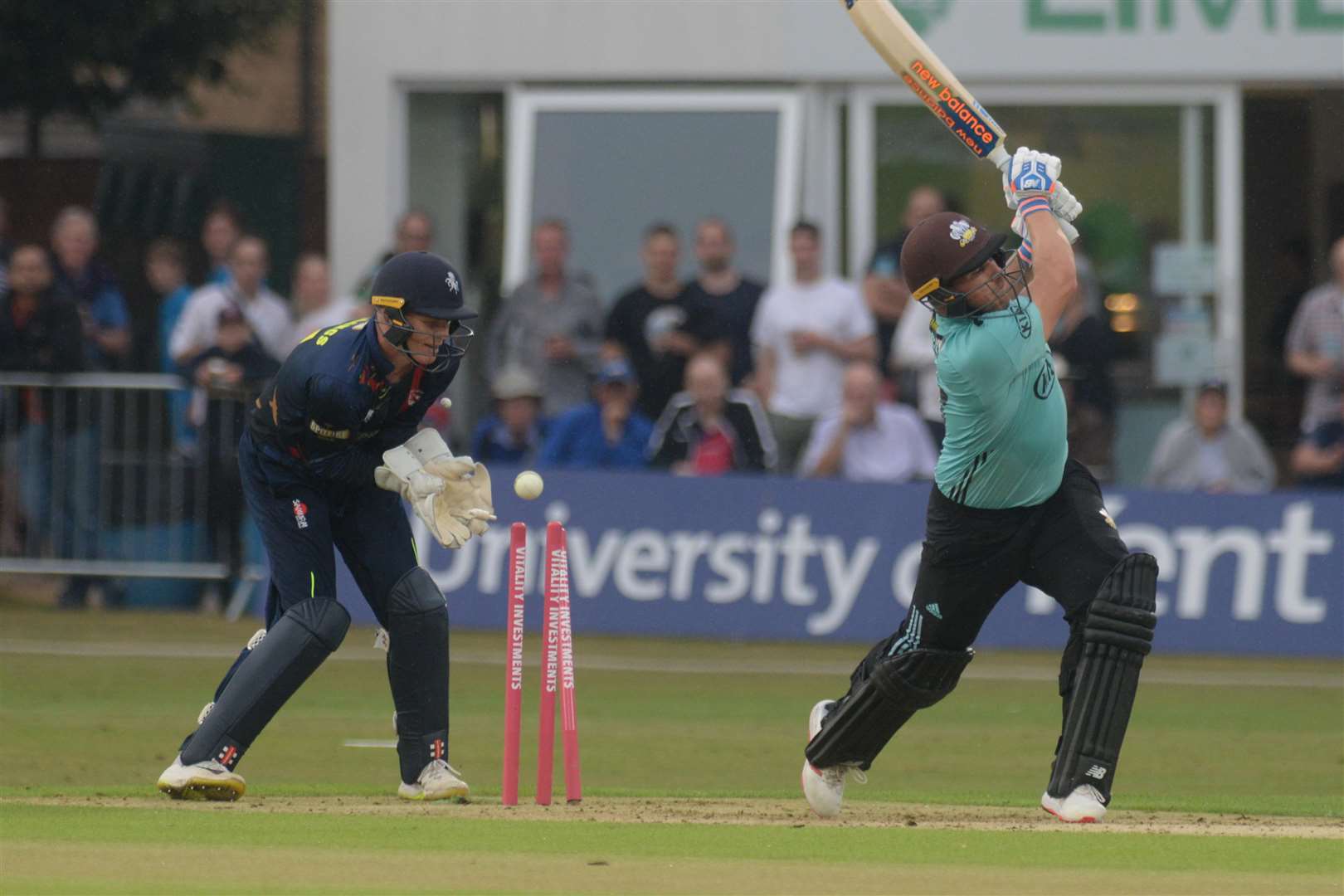 Surrey's Adam Finch is dismissed by Imran Qayyum. Picture: Chris Davey