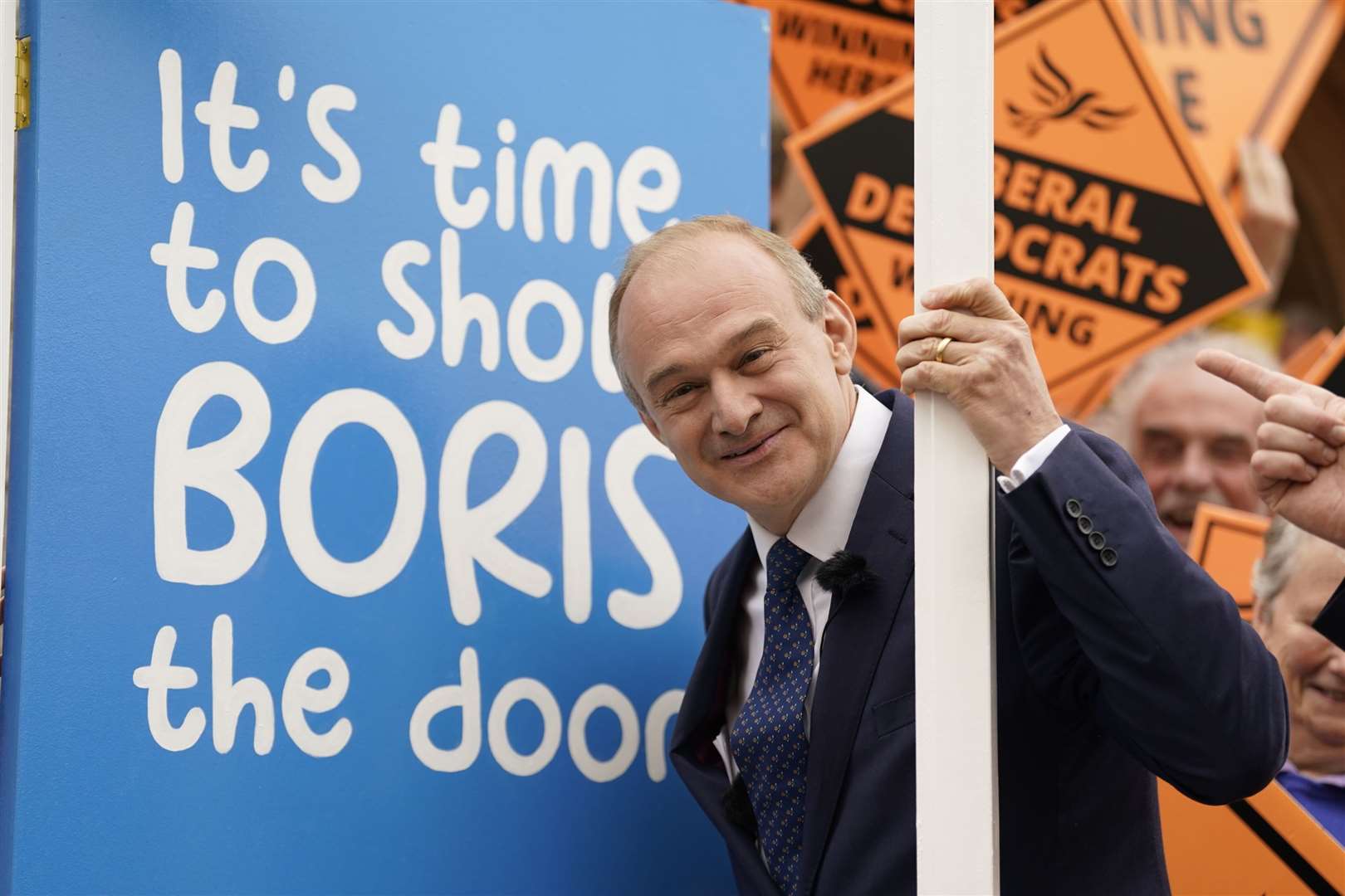 Liberal Democrat leader Sir Ed Davey celebrates the by-election victory in Tiverton (Andrew Matthews/PA)