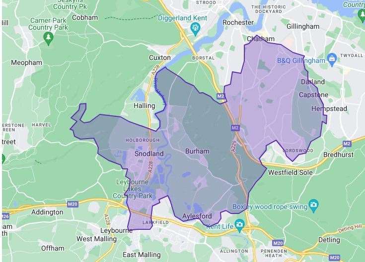 The constituency boundaries for the Chatham and Aylesford constituency at the 2024 general election.