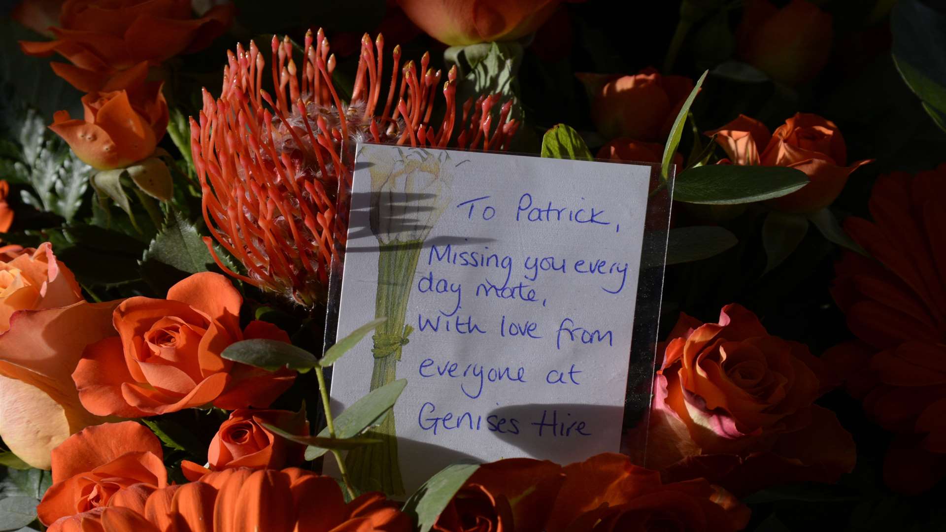 Floral tributes at the funeral of Pat Lamb at Barham Crematorium