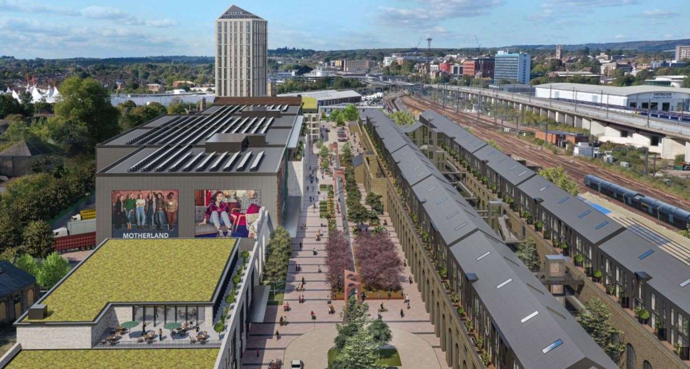 How the scheme could look on the former Newtown works site, but a question mark now hangs over the studios, shown on the left of this image. Picture: Hollaway