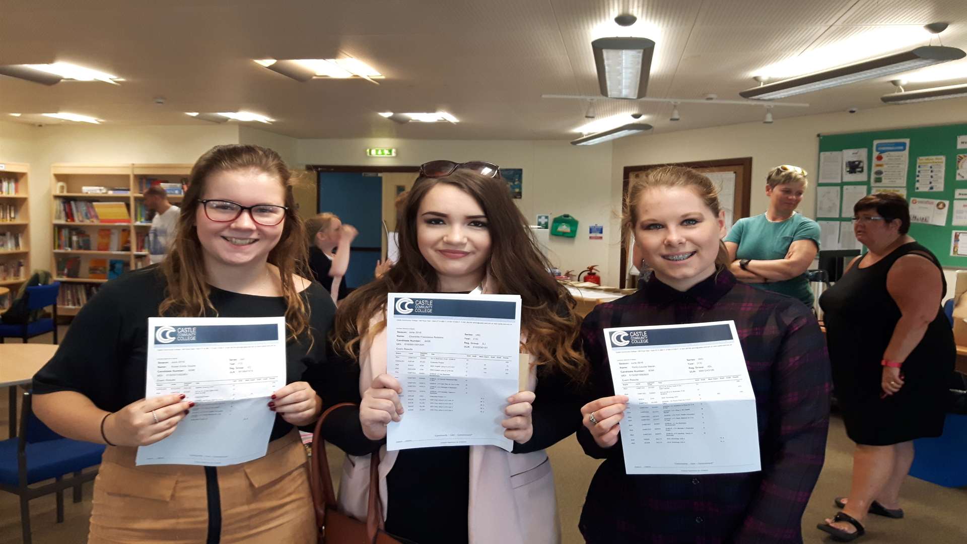 A-level results at Goodwin Academy: Rosie Squire, 17, Charlotte Robbins, 18, and Kirsty Marsh, 18.