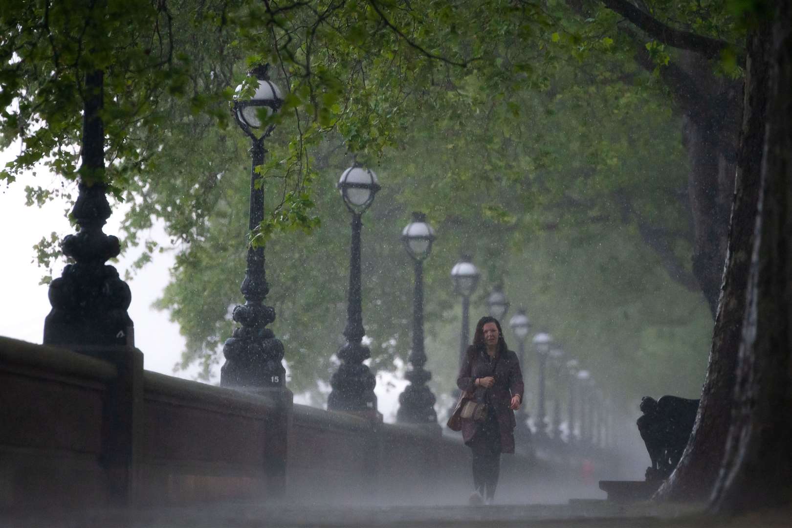 A woman walks through the rain along the Chelsea Embankment (Aaron Chown/PA)