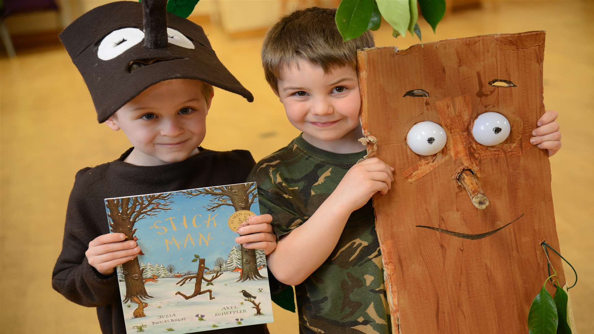 Cameron and Hector dress up for Julia Donaldson's book Stick Man at Leeds and Broomfield School last year Picture: Gary Browne