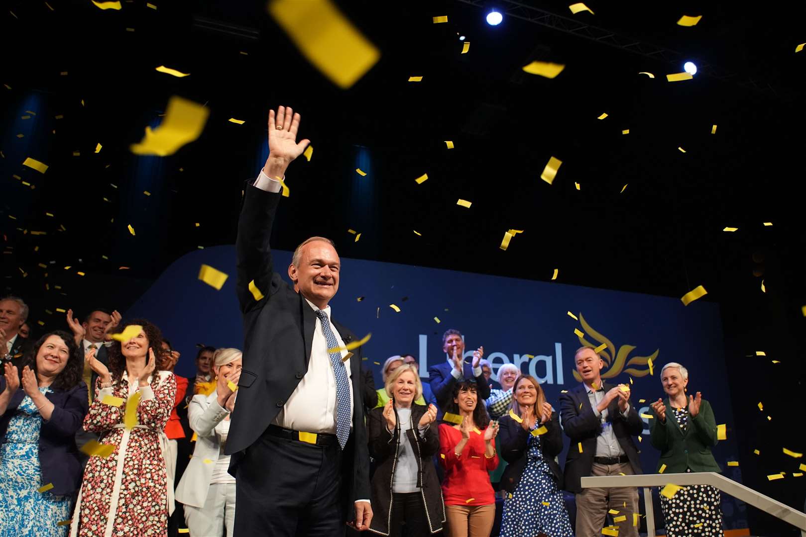 Confetti falls as Sir Ed Davey finishes his keynote speech in Brighton (Gareth Fuller/PA)