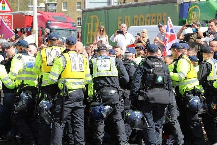 Police clash with protesters. Picture: Kevin Clark