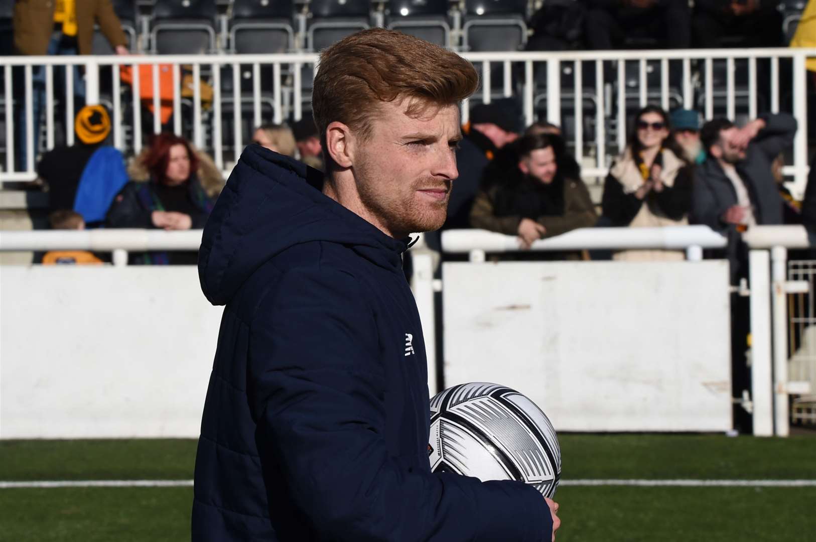 Another match ball for Maidstone United striker Jack Barham after his third hat-trick of the season Picture: Steve Terrell