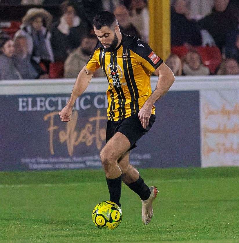 Folkestone substitute Joe Turner on the ball on his home debut in last Tuesday’s 1-0 Isthmian Premier home derby defeat to Dover. Picture: Helen Cooper