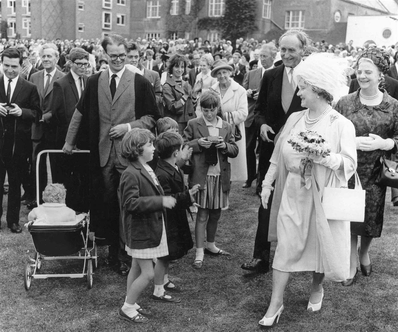 The Queen Mother was guest of honour at a garden party at Withersdane Hall, Wye College, in July 1965 after the formalities of the commemoration ceremonies were out of the way. She mingled with the 1,000 guests and delighted many of them by stopping for a chat