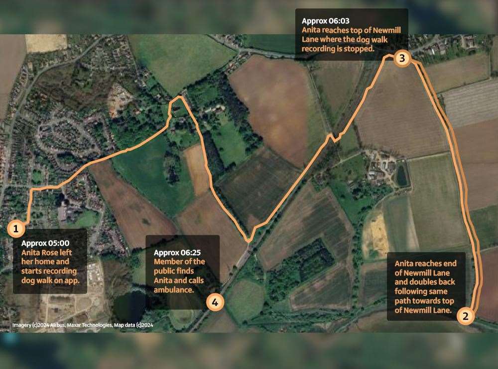 A map showing the route police believe Anita Rose took, following analysis of her mobile phone (Suffolk Police/ PA)