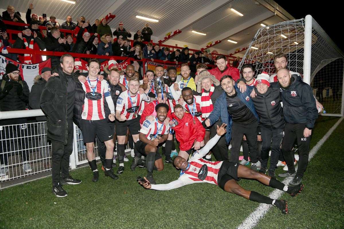 Sheppey United celebrate winning the Kent Senior Trophy. Picture: PSP Images