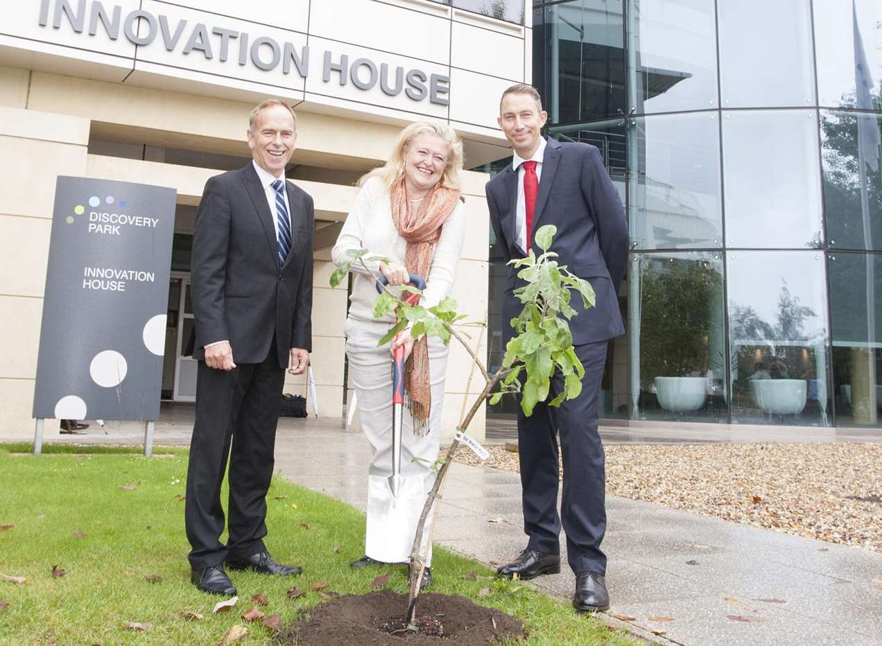 Paul Barber, managing director of Discovery Park, Laura Sandys, Thanet South MP and East Kent College Principal Graham Razey planting the Sir Isaac Newton Tree at Discovery Park.