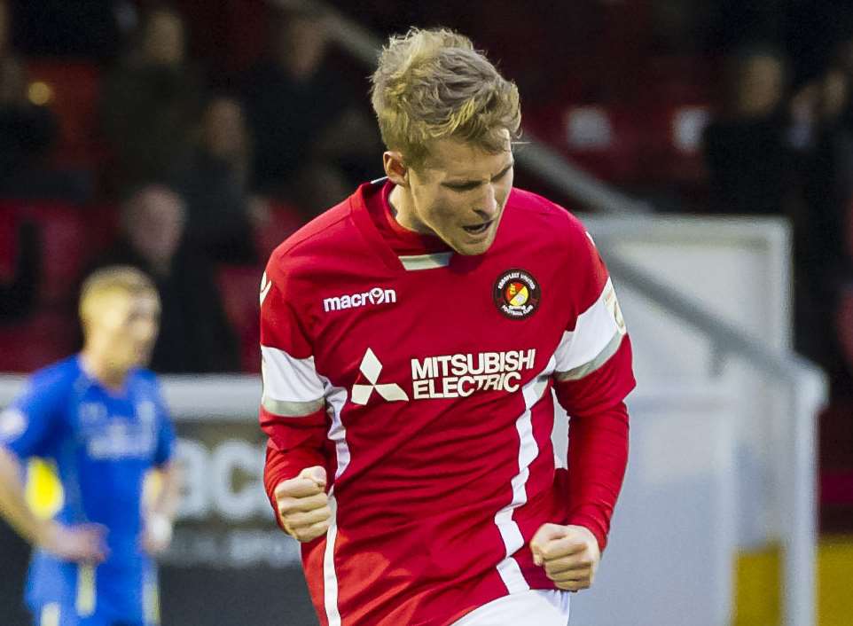 Jordan Parkes celebrates one of his 12 goals for Ebbsfleet last season Picture: Andy Payton