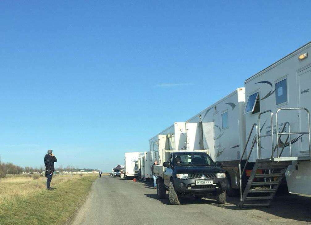 Television trucks in Shellness Road, Leysdown. in March filming the final episode of ITV's Dart Heart