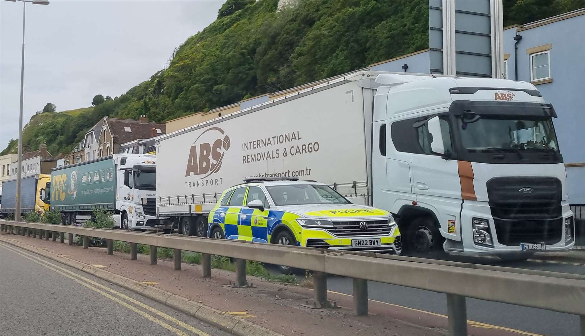 Queuing lorry traffic on the A20 Townwall Street in Dover