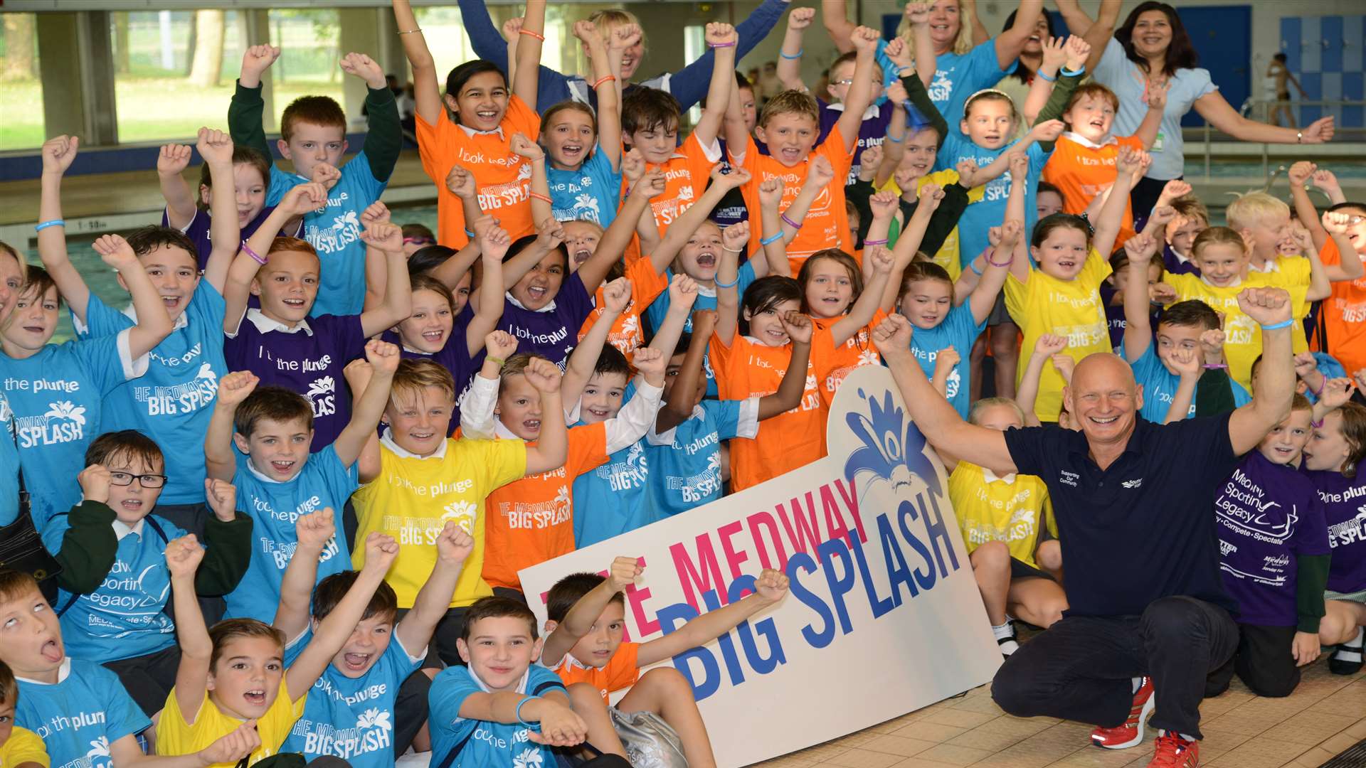 Pupils from Hempstead school with Gold medallist Duncan Goodhew at the launch of The Medway Big Splash.