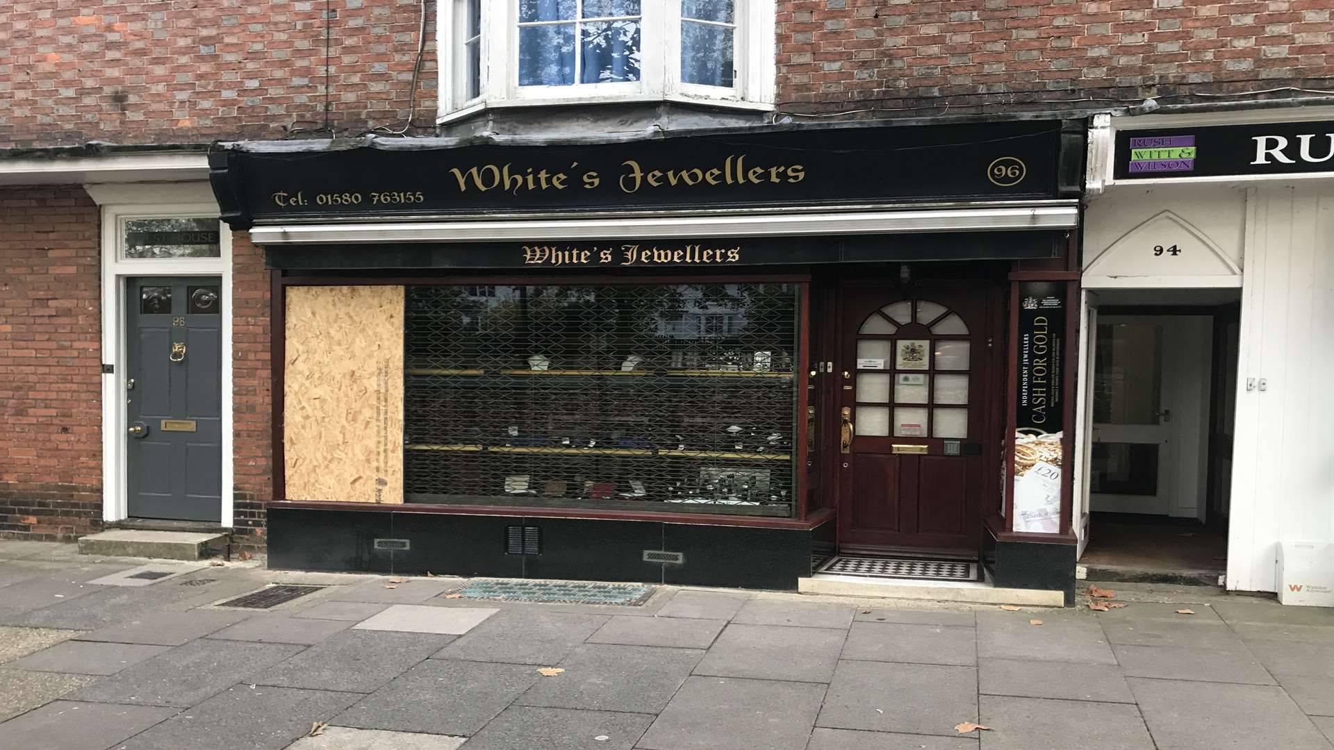 The attempted burglary at White's Jewellers caused damage to the shop front