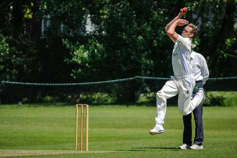 Kent paceman Matt Hunn bowls for Sandwich against Sevenoaks Vine at The Butts on Saturday. Photographer: Fiona Stapley-Harding FM3217083