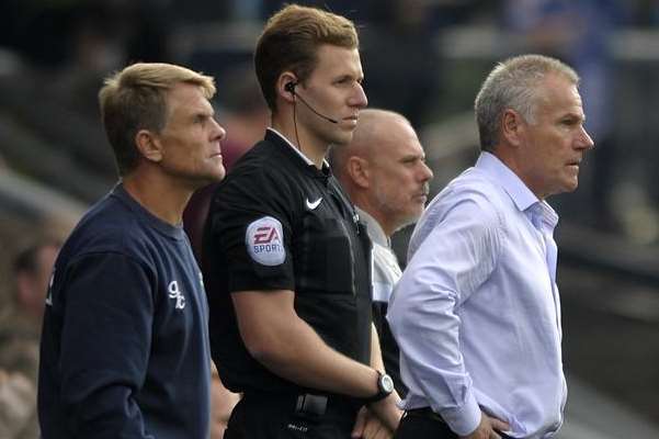 Peter Taylor and assistant boss Andy Hessenthlaer watch on at Boundary Park Picture: Barry Goodwin