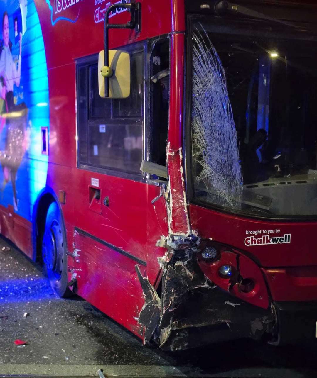 Damage to the Chalkwell Coach Hire bus following a head-on crash in Staplehurst Road, Bobbing