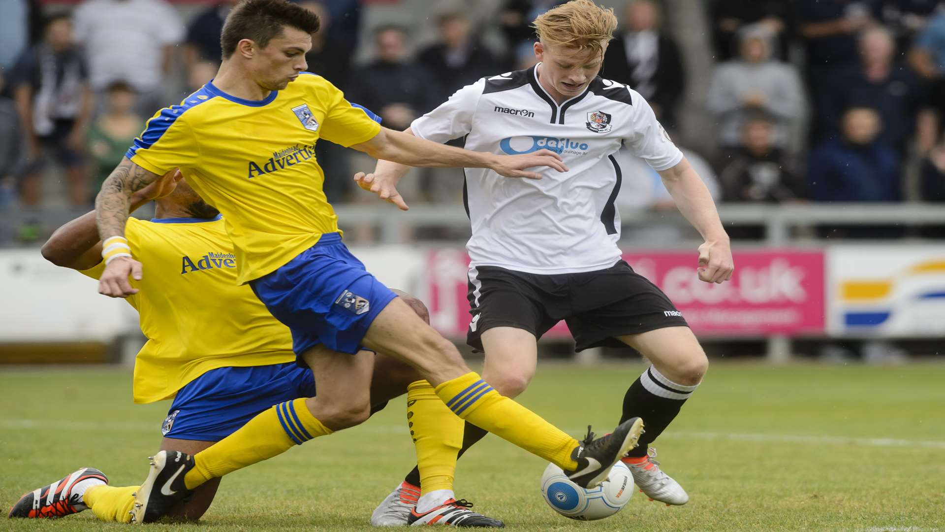 Darts substitute Ben Francis is crowded out against Maidenhead. Picture; Andy Payton