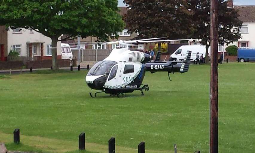 The Air Ambulance landing in Barnfield Road park in Faversham