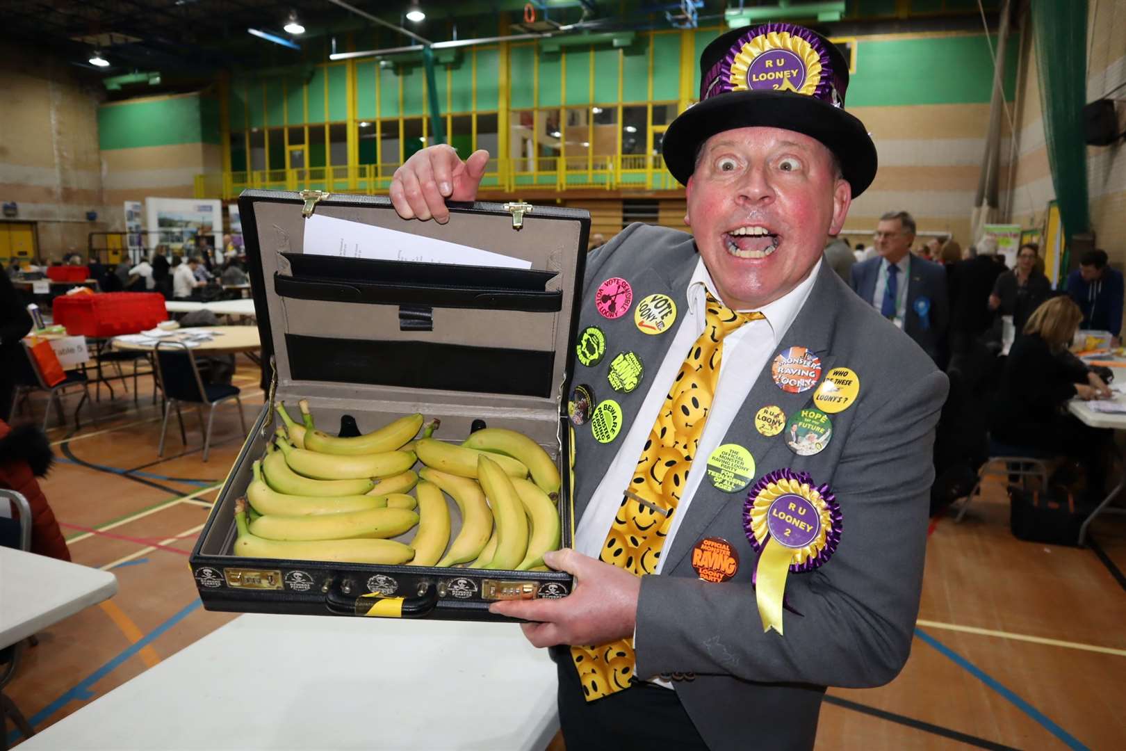 Sittingbourne and Sheppey general election count: Mad Mike Young of the Official Monster Raving Loony Party and his briefcase of bananas (24133372)