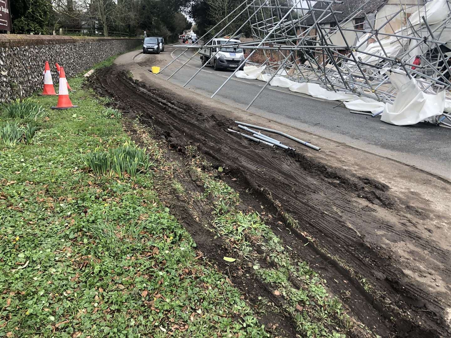 Track marks have been left where drivers were avoiding the scaffolding when it fell