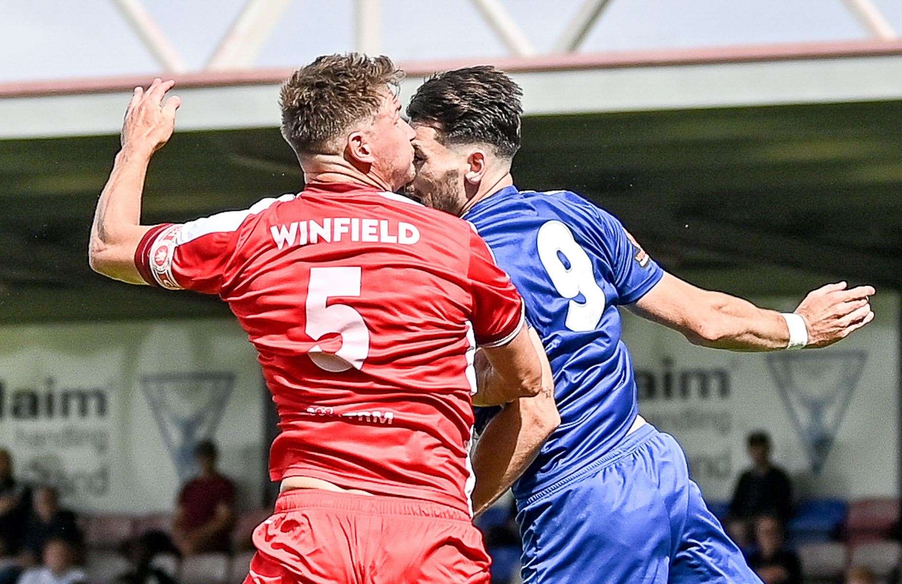 Welling United defender Dave Winfield in commanding form against Aveley. Picture: Dave Budden