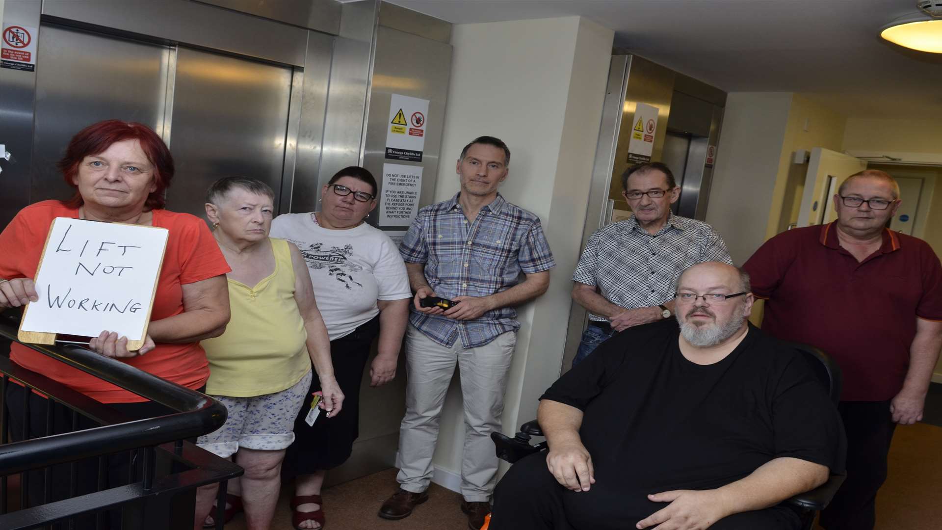 Rita Blackwell, Carol Sawyer, Maggie Brooks, Neal Hodkinson, John Blackwell, Tim Stillwell, Mark Bradley are stuck on 8th floor of Thomas Place in James Whatman Way, Maidstone