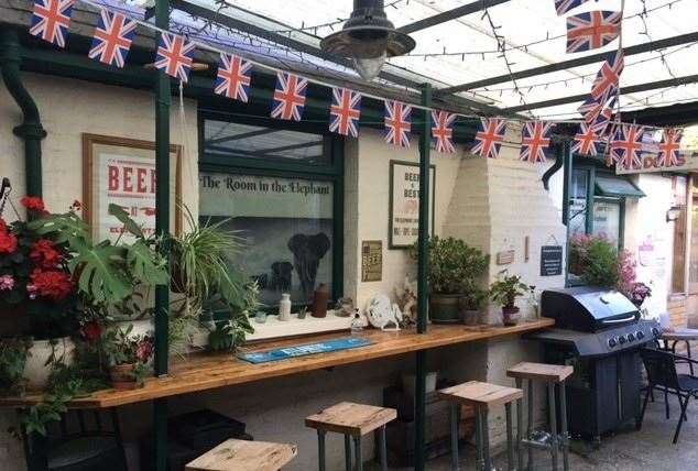 As patriotic as the rest of the boozer, this covered area between the pub and the garden at the back is as superbly maintained as everywhere else. Behind it is the perfect venue for an event – The Room in The Elephant.