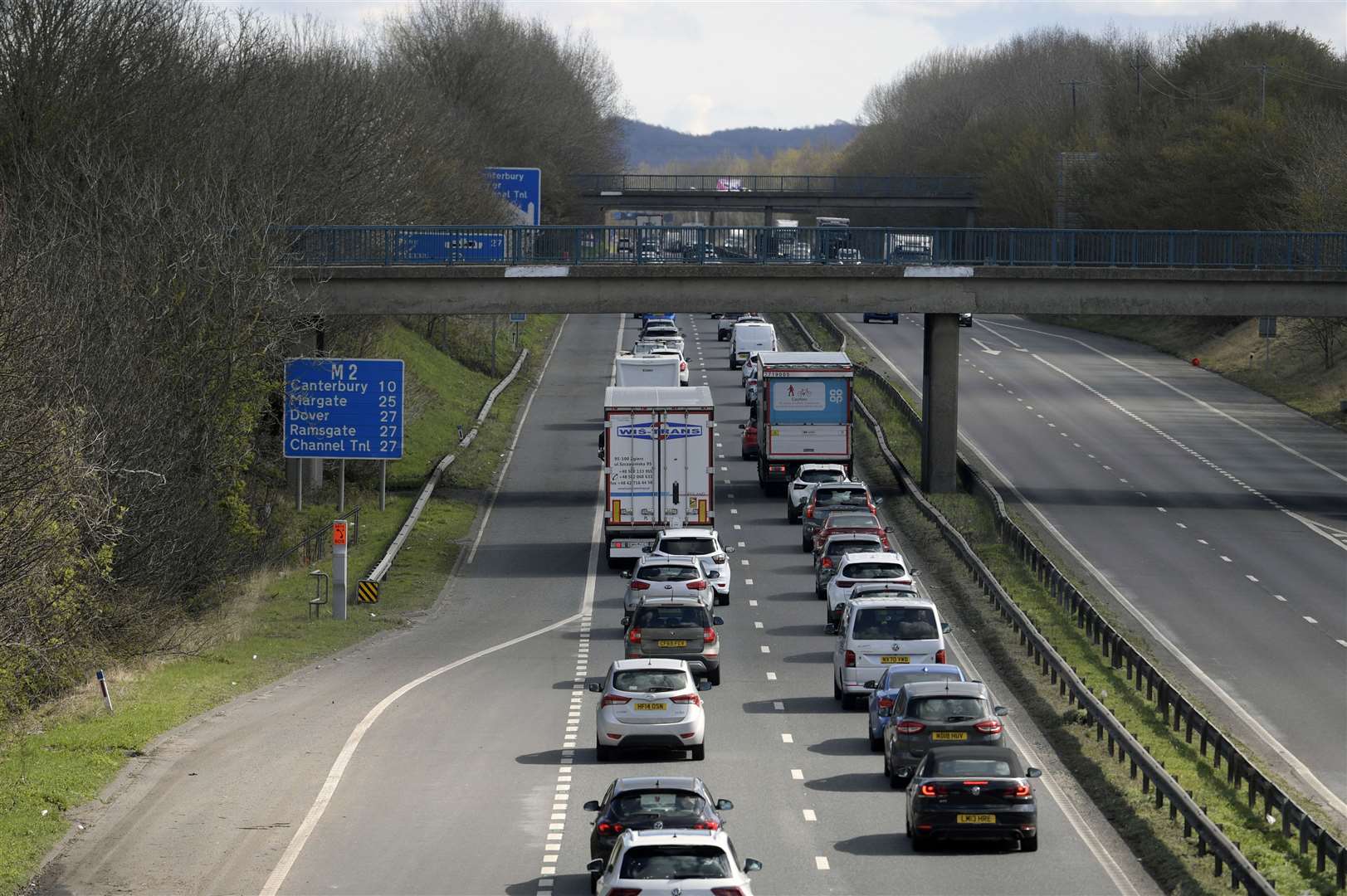 Queues on the coast-bound M2 approaching the Brenley Corner roundabout