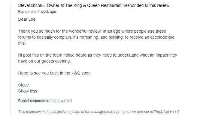 Steve's response to a positive review left on the site. Picture: TripAdvisor