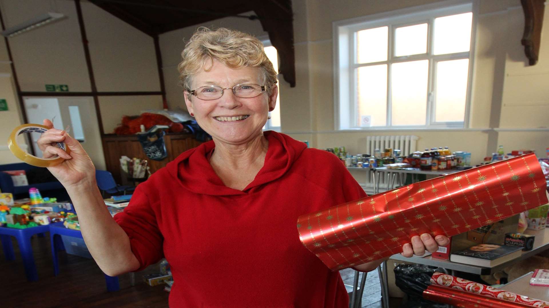 Marie Piper, organiser, wrapping and packing toys for the needy at The Community Church in Sheerness