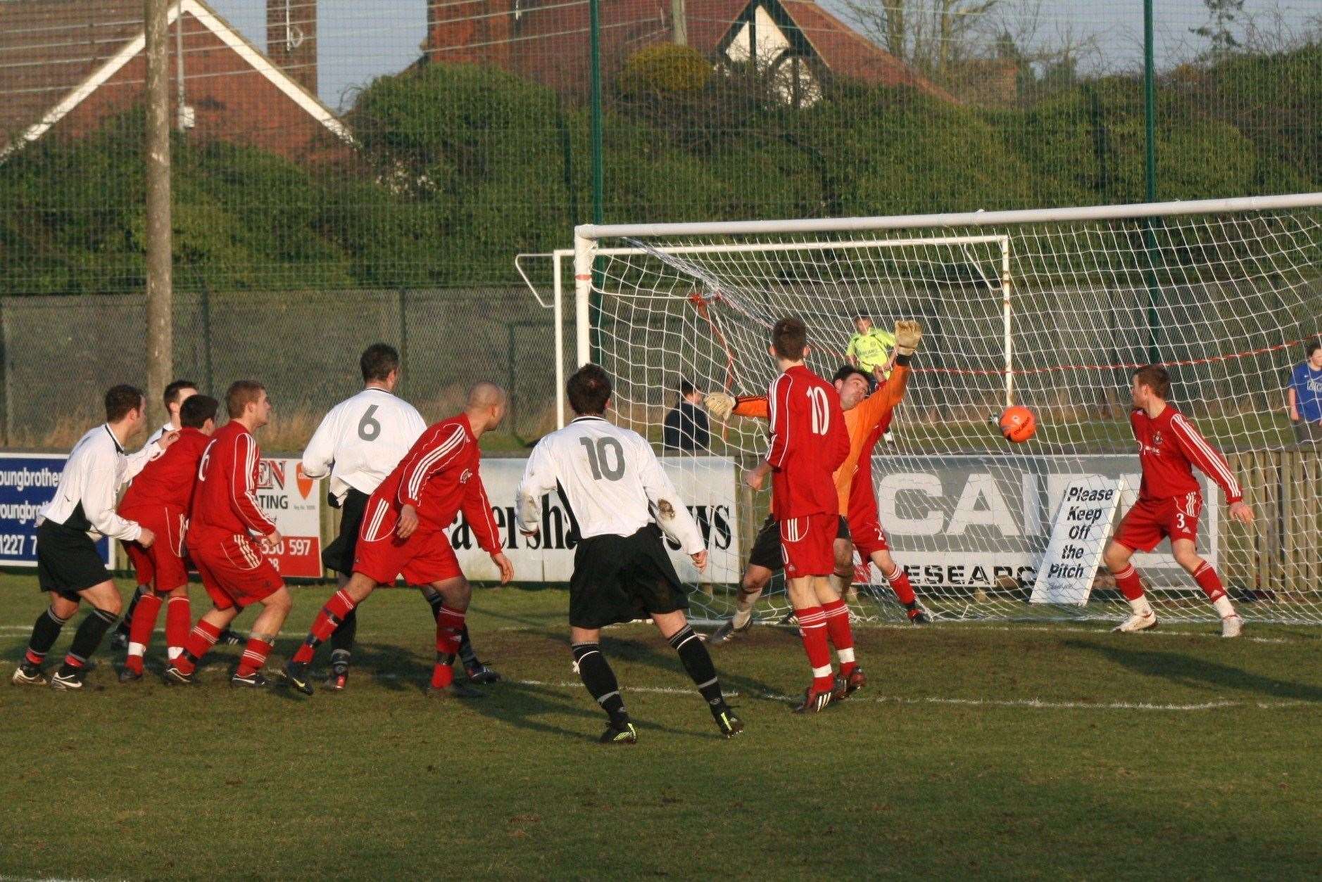 Faversham's Lee Shearer heads home the first of of six against Tunbridge Wells