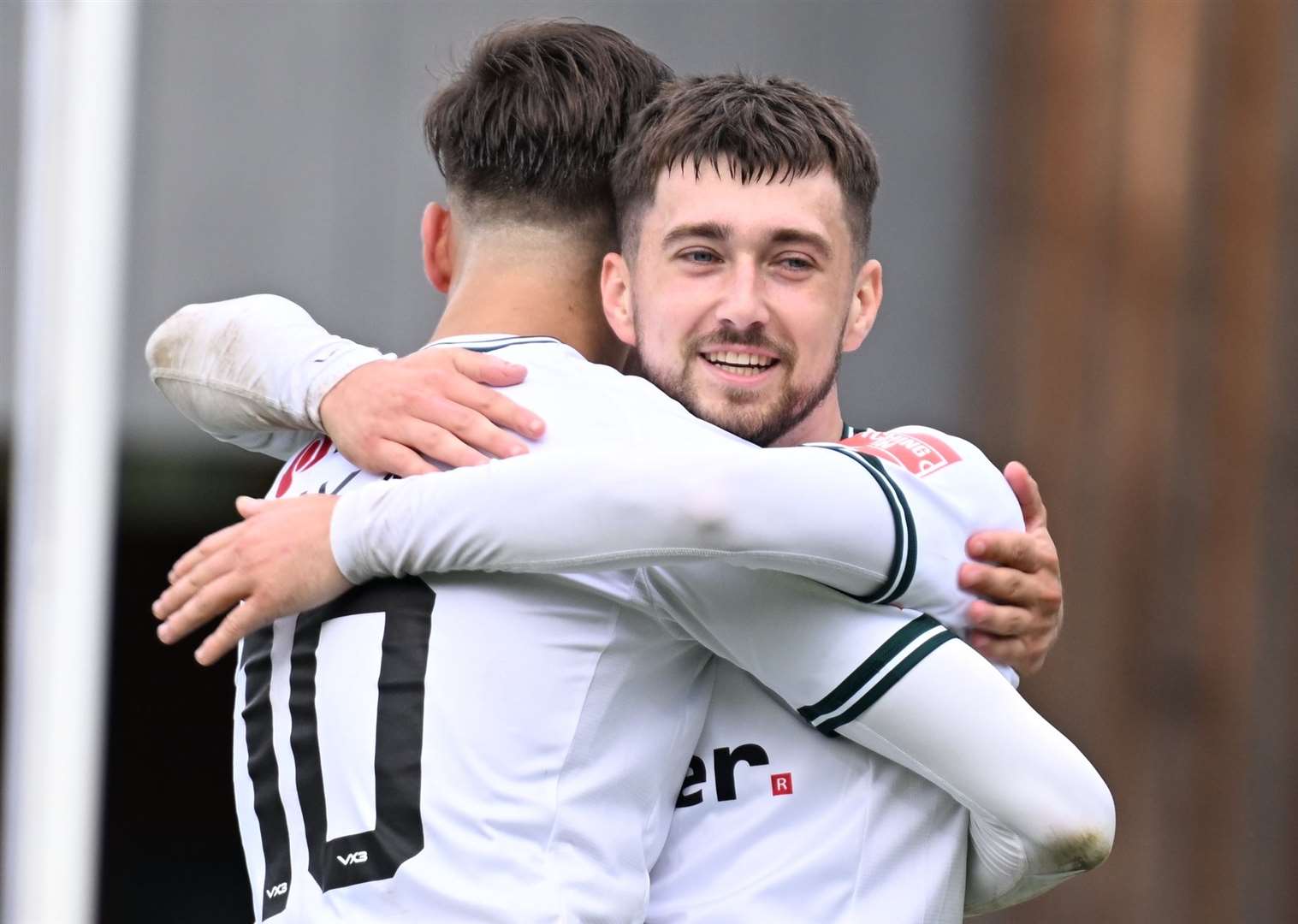 Alfie Matthews - celebrating here with Dover team-mate George Nikaj - was on target in their 3-0 win over Potters Bar. Picture: Barry Goodwin