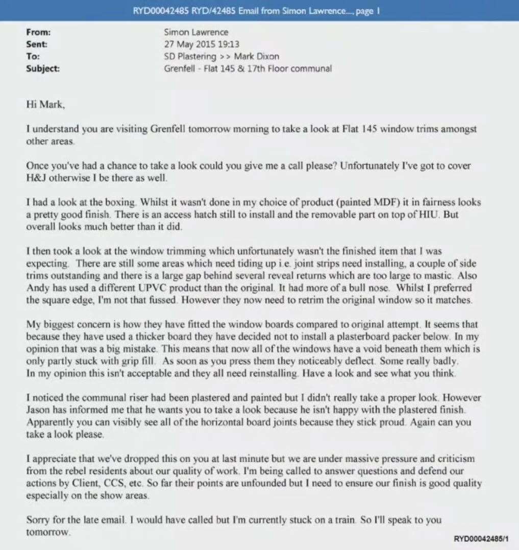 Correspondence from 2015 written by Simon Lawrence (Grenfell Tower Inquiry/PA)