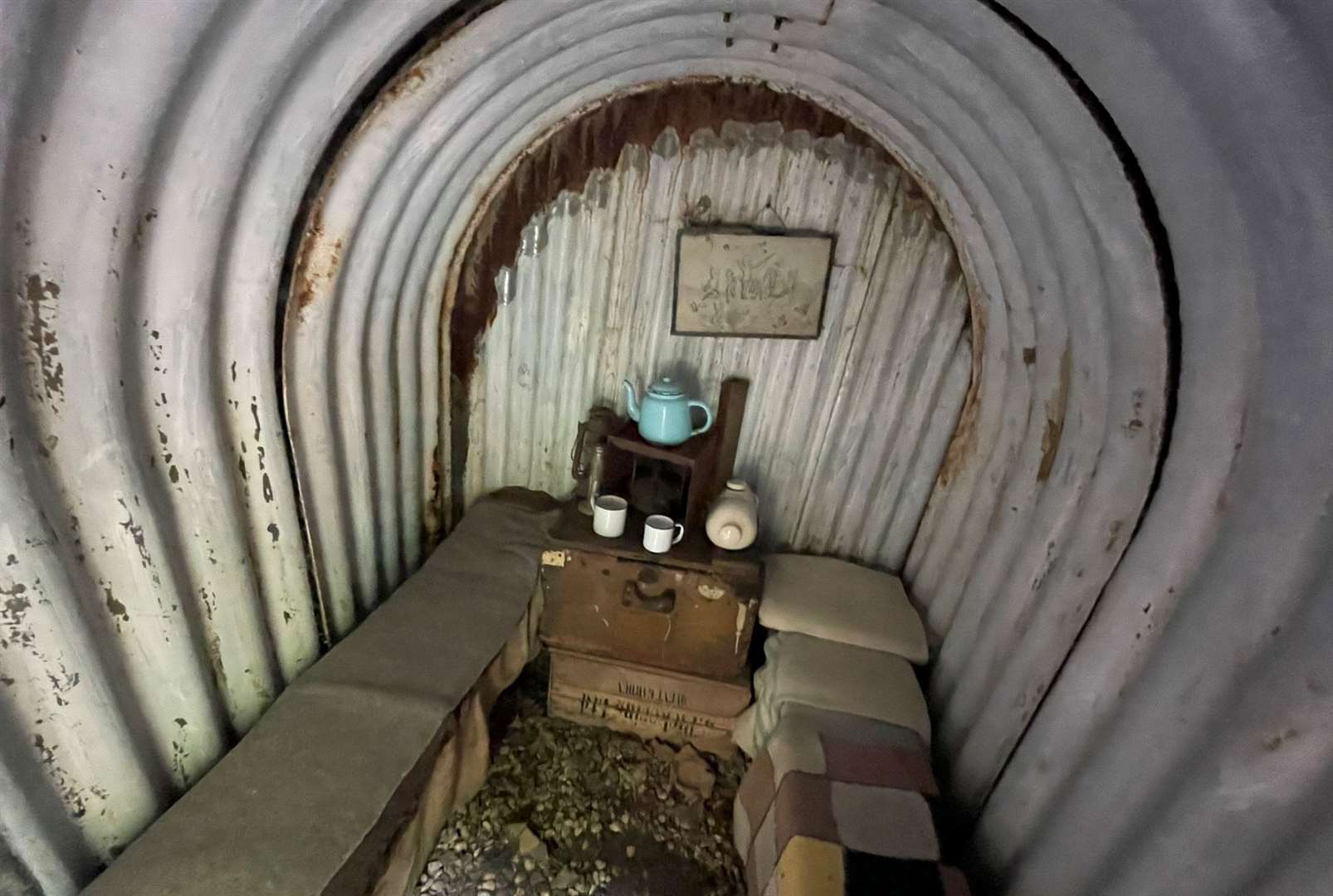 Inside the Anderson Shelter in the back garden of the Old Forge Wartime House