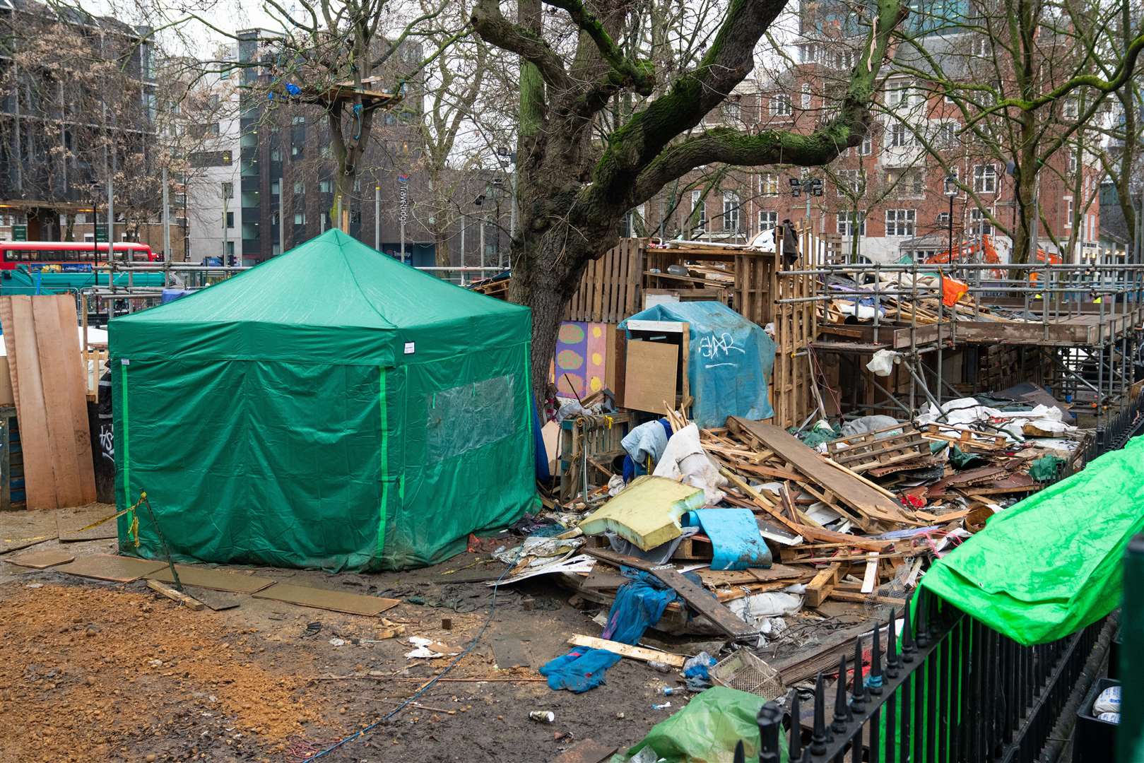 The HS2 Rebellion encampment in Euston Square Gardens (Dominic Lipinski/PA)