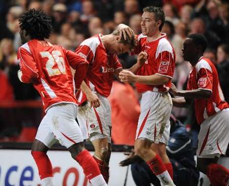 Luke Varney celebrates his and Charlton's opening goal. Picture: BARRY GOODWIN