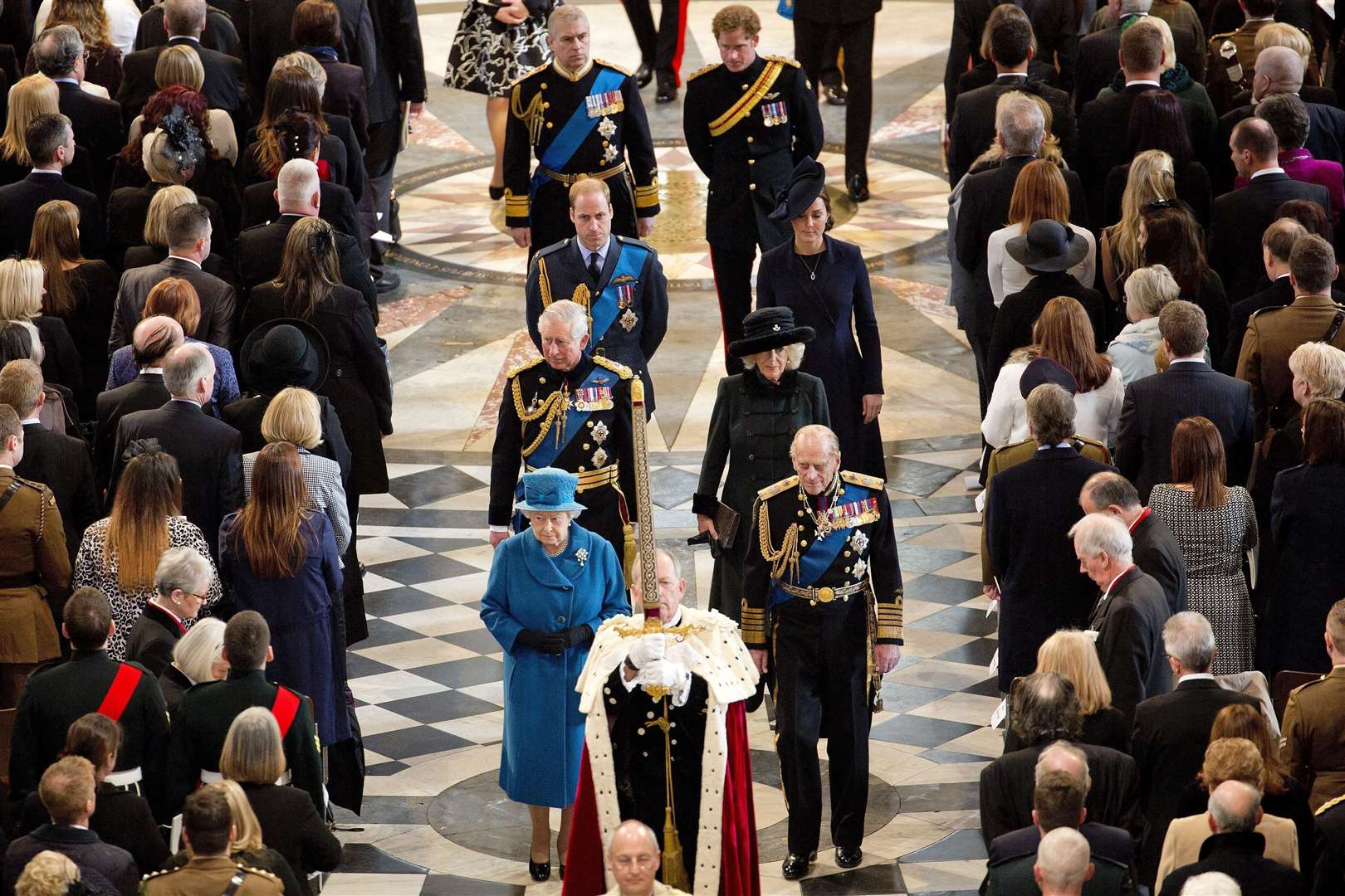 The Queen and her family at a service to mark the end of combat operations in Afghanistan in St Paul’s Cathedral in 2015 (David Bebber/The Times/PA)