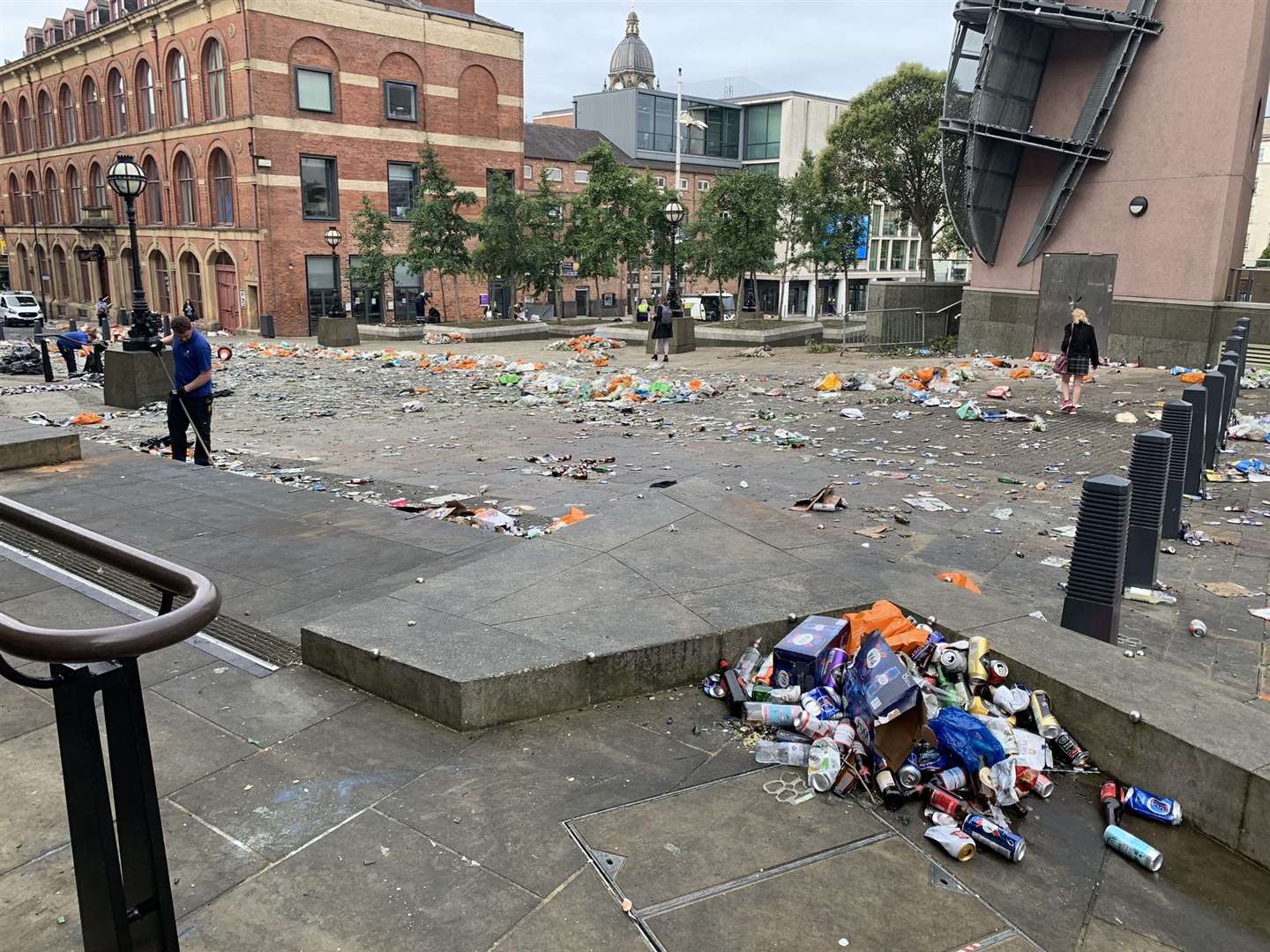 Litter in Millennium Square in Leeds, where thousands gathered to celebrate Leeds United’s achievement (Liam Sanders/PA)