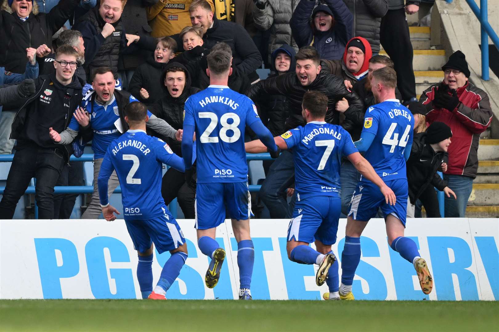 Gillingham celebrate their second goal scored by Cheye Alexander - a strike which won the game Picture: Keith Gillard